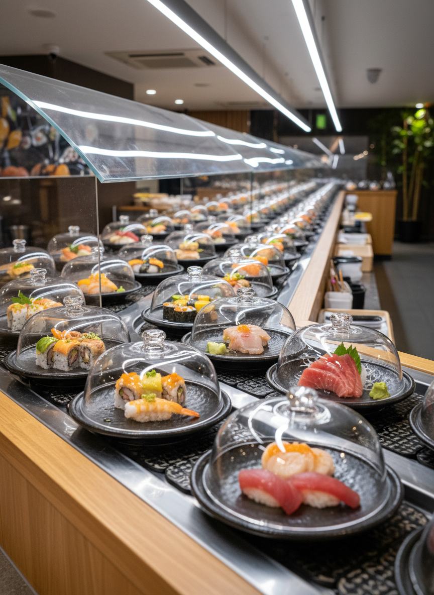 A long conveyor-style buffet counter meticulously lined with covered sushi plates, each plate featuring different rolls, nigiri, and sashimi in carefully arranged patterns. The counter surface is polished stainless steel with reflective highlights, framed by light wood paneling and clear, spotless sneeze guards. Discreet overhead LED strips cast even, neutral-toned lighting that enhances the freshness and color of the fish without harsh shadows. The camera captures a slightly elevated, wide-angle view down the length of the counter, creating a sense of abundance and choice. The background is softly blurred to keep focus on the endless sushi selection, conveying a professional, trustworthy atmosphere in crisp photographic realism for an all-you-can-eat sushi guide.