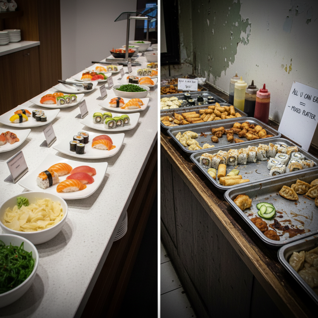 A comparison scene showing two contrasting sushi buffet setups on a split, horizontal composition: on the left, a meticulously arranged, high-quality all-you-can-eat sushi spread on clean white platters over a granite counter; on the right, a more cluttered, less appealing spread with mixed items and less refined presentation. Both sides are empty of people, focusing solely on the food and environment. Consistent neutral overhead lighting ensures even, photographic realism, with slight vignetting to emphasize the central division. The left side feels bright, crisp, and professional, while the right is slightly duller and less vibrant. Captured from a slightly elevated, wide-angle perspective, the image conveys a professional, editorial mood suitable for an article on choosing the best all-you-can-eat sushi buffet.