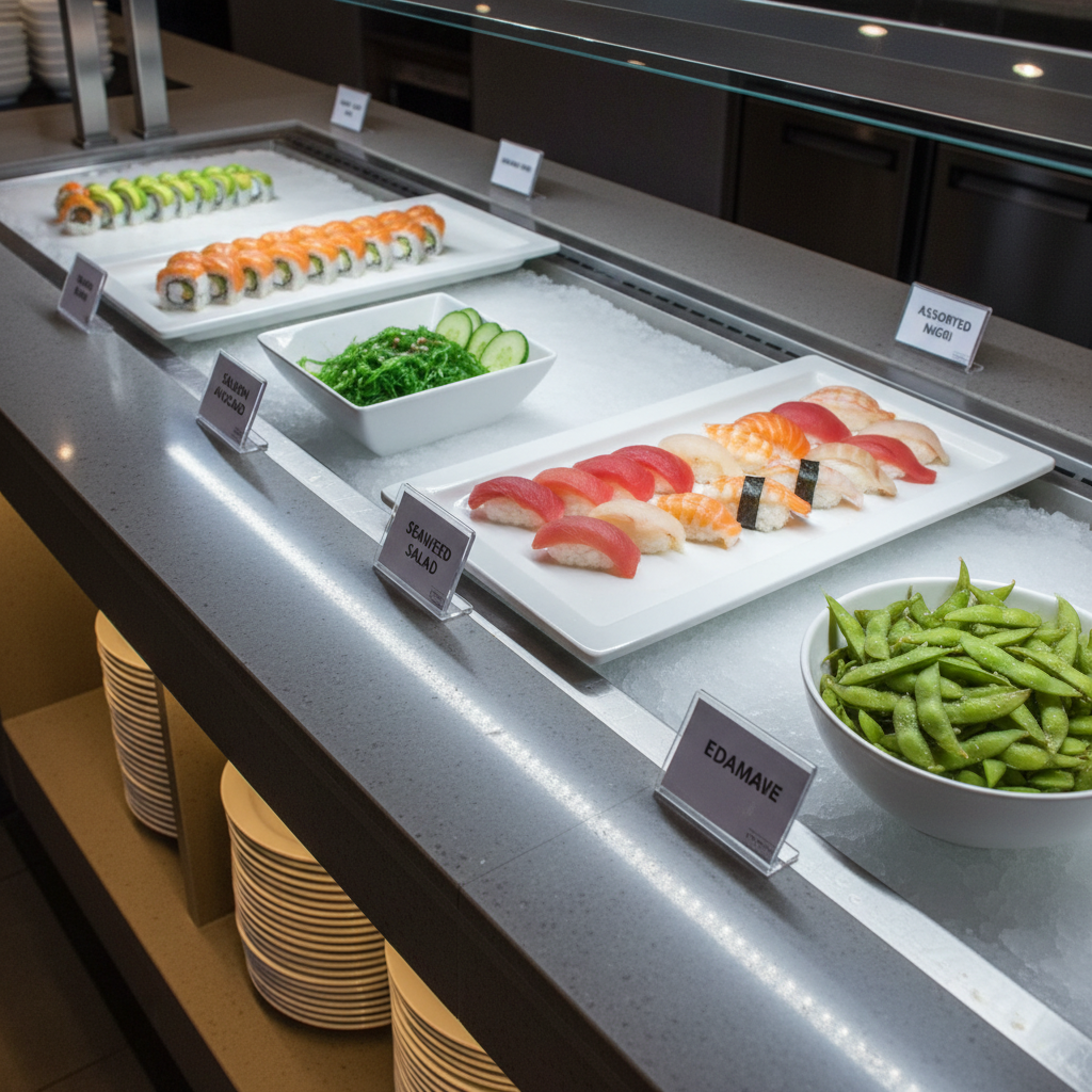 A neatly organized sushi buffet station featuring labeled trays of maki rolls, nigiri, seaweed salad, and edamame, each in pristine white ceramic dishes set into a chilled stone countertop. Small, tasteful acrylic name tags stand beside each item, clearly legible but slightly out of focus. Neutral, diffused ceiling lighting combines with subtle warm accents under the counter edge, creating a balanced, appetizing glow and gentle reflections on the glossy ceramic surfaces. The shot is composed from a three-quarter overhead angle, emphasizing variety while maintaining clarity and order. The atmosphere feels clean, professional, and inviting, with photographic realism that reassures viewers about quality and hygiene at an all-you-can-eat sushi buffet.
