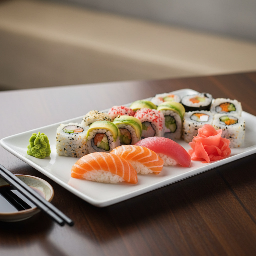 A close-up, photographic-realistic view of an elegant white rectangular plate stacked with an all-you-can-eat sampler: neatly aligned salmon, tuna, and yellowtail nigiri, assorted colorful rolls, a small mound of bright green wasabi, and thin slices of pickled ginger. The plate sits at the edge of a dark wooden table next to a pair of unused black lacquer chopsticks and a small soy sauce dish. Soft, directional lighting from the side creates delicate highlights on the fish and subtle shadows under each piece, enhancing texture. Shot from a slightly elevated, three-quarter angle with a shallow depth of field, the background fades into a gentle blur of neutral tones, conveying a polished, professional, and appetizing mood perfect for a sushi review blog.
